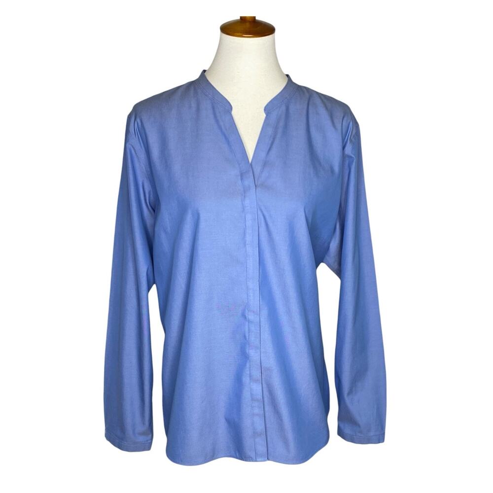 LL Bean Wrinkle Free Cotton Blouse Blue XL Button Up V-Neck Tunic Top Preppy